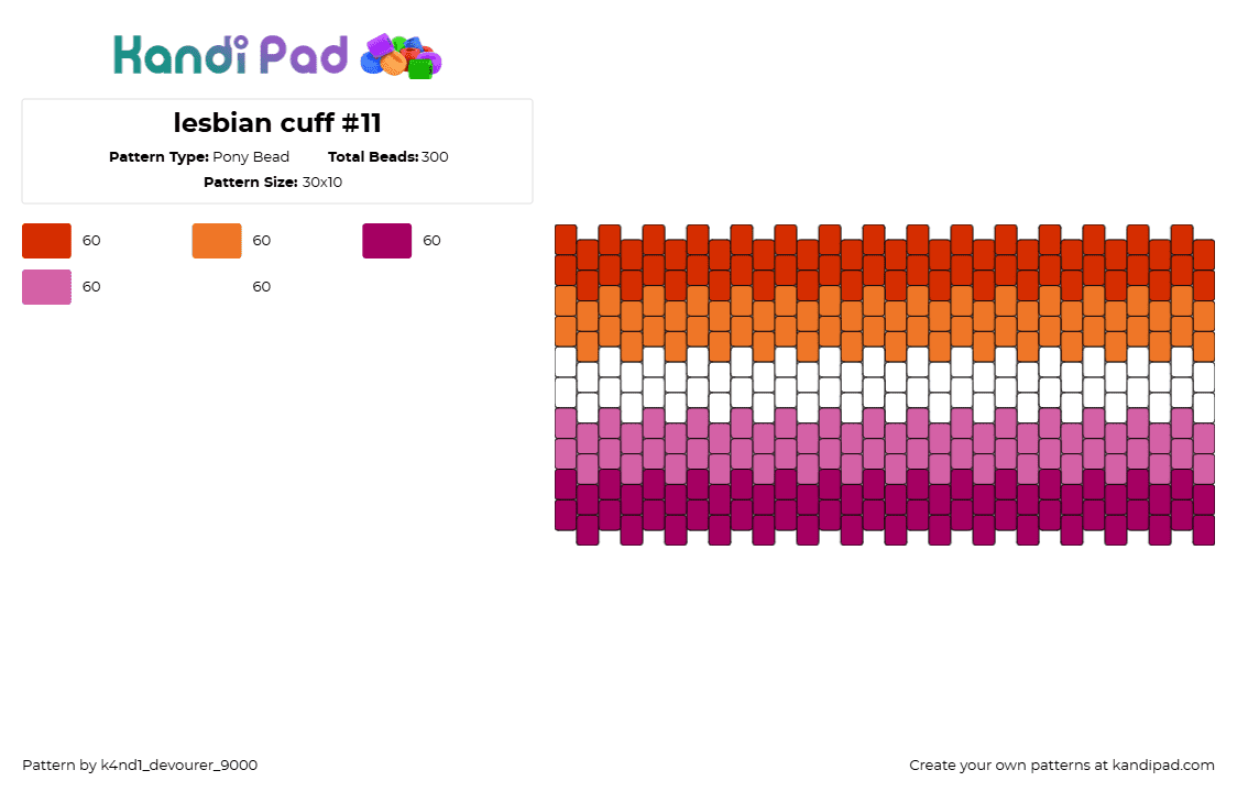 lesbian cuff #11 - Pony Bead Pattern by k4nd1_devourer_9000 on Kandi Pad - lesbian,pride,cuff,orange,pink