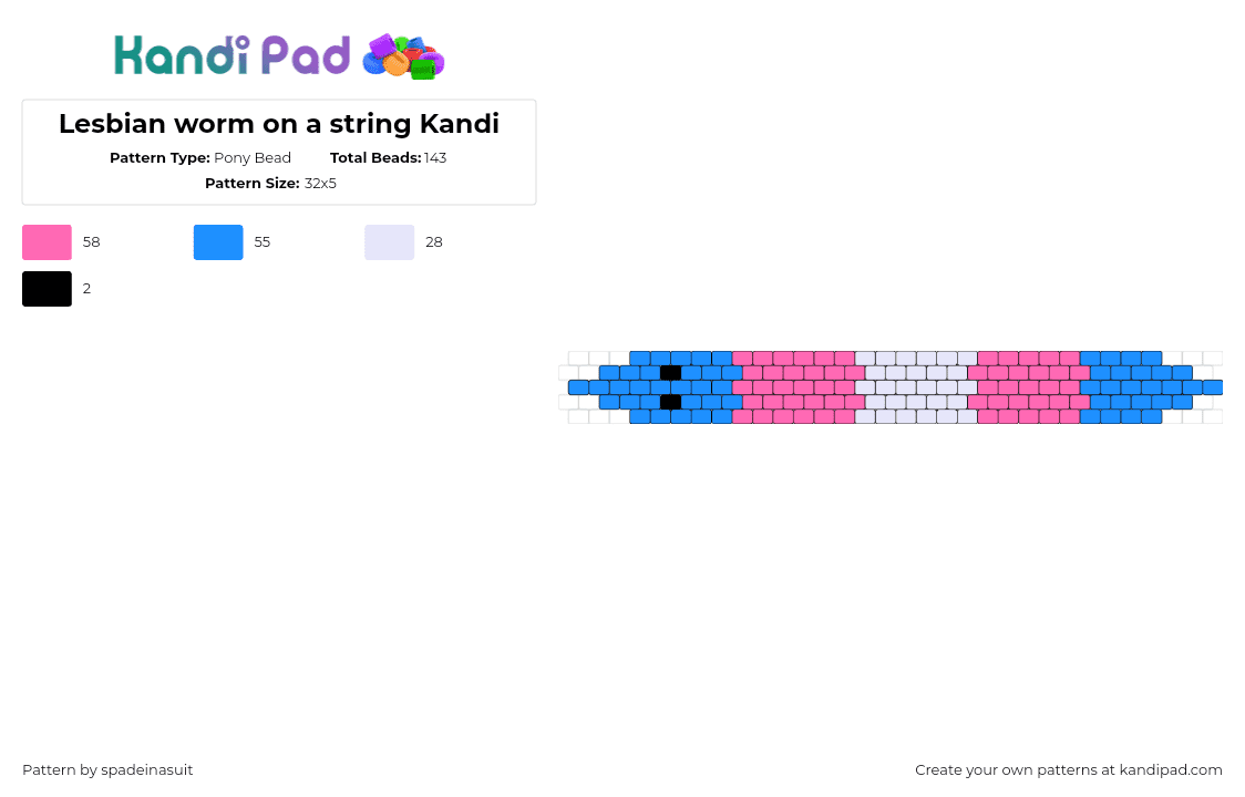 Lesbian worm on a string Kandi - Pony Bead Pattern by spadeinasuit on Kandi Pad - squirmle,trans,worm,pride,pink,light blue