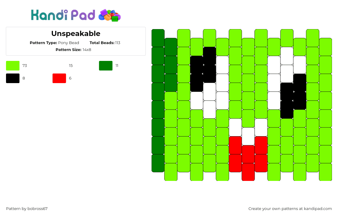 Unspeakable - Pony Bead Pattern by bobross67 on Kandi Pad - unspeakable,youtube,face,silly,tongue,gaming,green