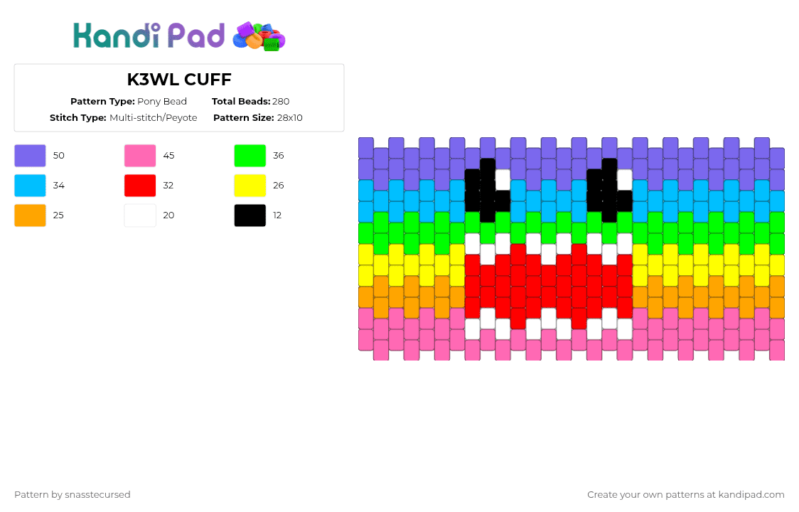K3WL CUFF - Pony Bead Pattern by sanssetcursed on Kandi Pad - red,light blue,colorful