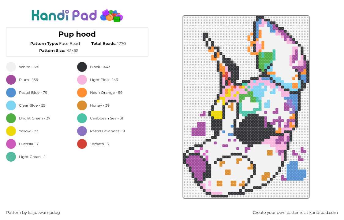 Pup hood - Fuse Bead Pattern by kaijuswampdog on Kandi Pad - pup,puppy play,pride,hood,mask,furry,community,colorful,white,pink,blue