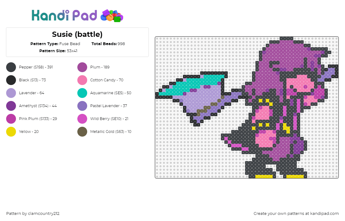 Susie (battle) - Fuse Bead Pattern by clamcountry212 on Kandi Pad - susie,deltarune,axe,weapon,character,video game,pink,purple