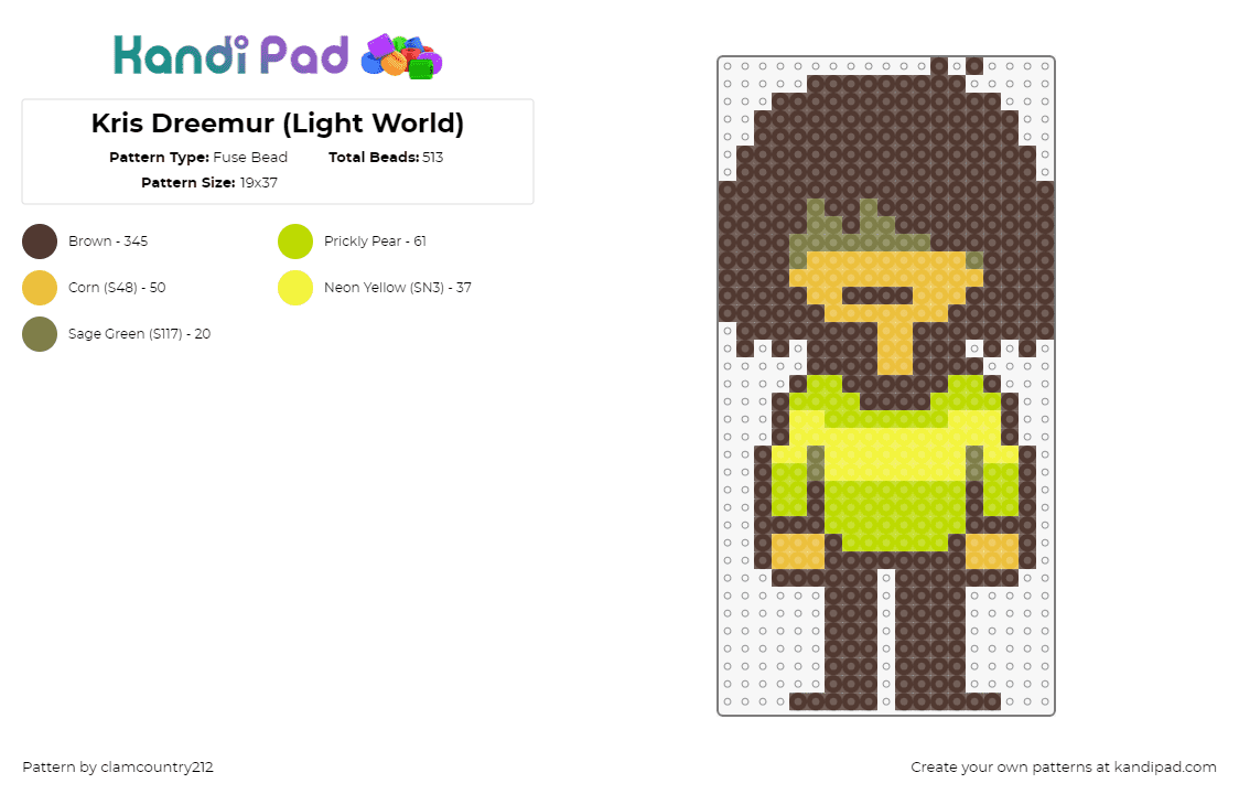 Kris Dreemur (Light World) - Fuse Bead Pattern by clamcountry212 on Kandi Pad - kris dreemur,deltarune,undertale,character,video game,brown,green,tan