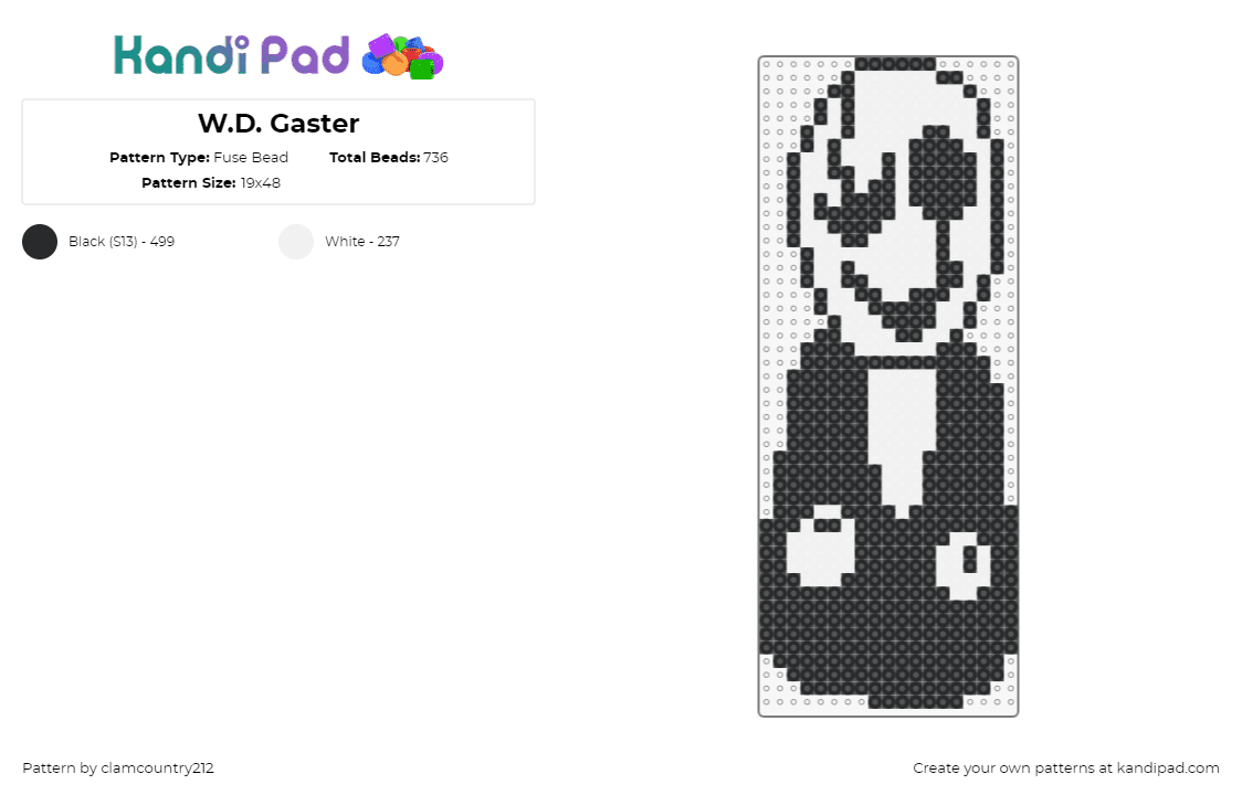 W.D. Gaster - Fuse Bead Pattern by clamcountry212 on Kandi Pad - wd gaster,deltarune,character,video game,black,white