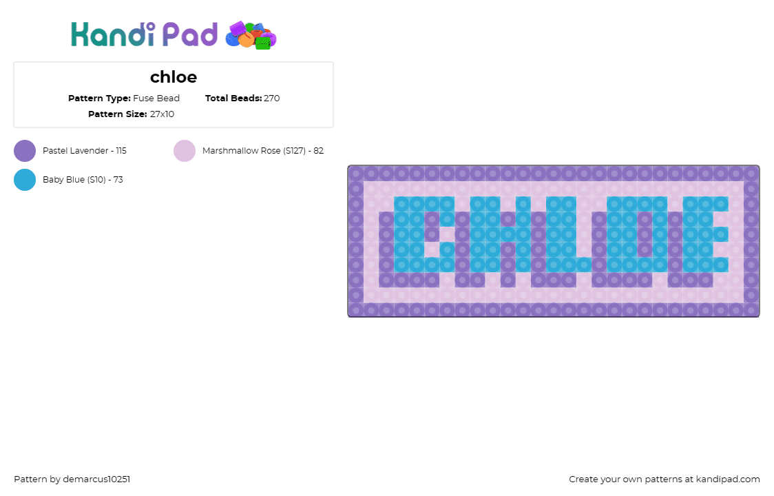 chloe - Fuse Bead Pattern by demarcus10251 on Kandi Pad - personalize your kandi creations with this custom 'chloe' text fuse bead pattern