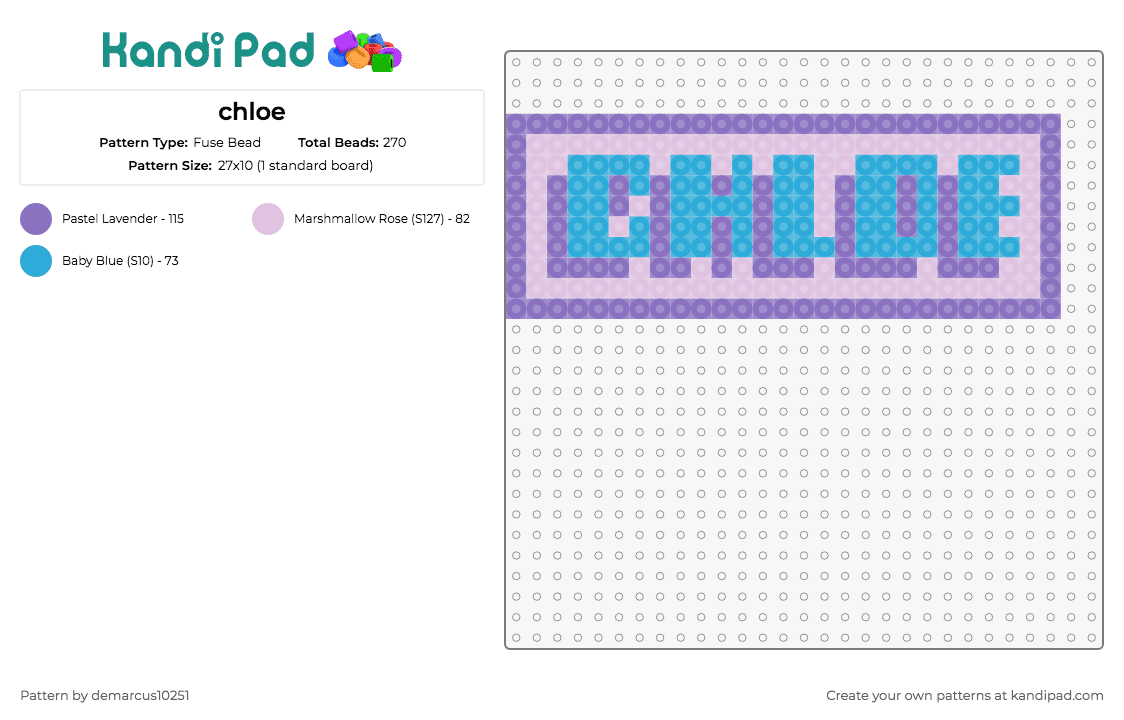 chloe - Fuse Bead Pattern by demarcus10251 on Kandi Pad - personalize your kandi creations with this custom 'chloe' text fuse bead pattern,styled in captivating blues within a lilac border.