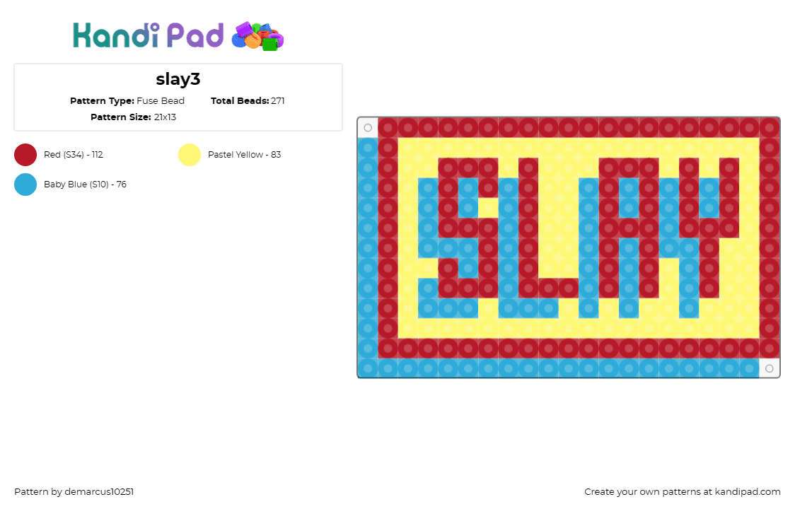 slay3 - Fuse Bead Pattern by demarcus10251 on Kandi Pad - slay,colorful,text,statement,bold,vibrant,red,yellow,blue