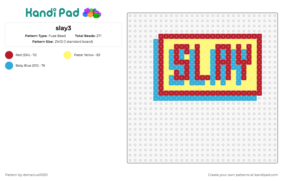 slay3 - Fuse Bead Pattern by demarcus10251 on Kandi Pad - slay,colorful,text,statement,bold,vibrant,red,yellow,blue