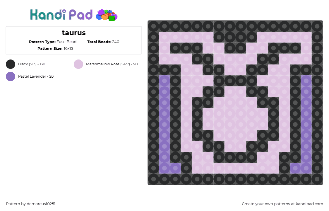 taurus - Fuse Bead Pattern by demarcus10251 on Kandi Pad - taurus,astrology,zodiac,bull,stellar,harmonious palette,purple,black,lavender