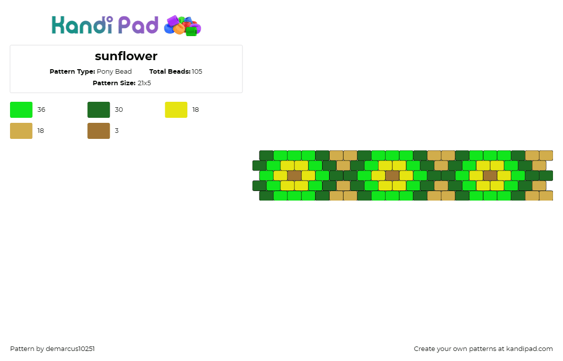 sunflower - Pony Bead Pattern by demarcus10251 on Kandi Pad - avocado,sunflowers,cuff,repeating,nature,geometric,green,tan,yellow