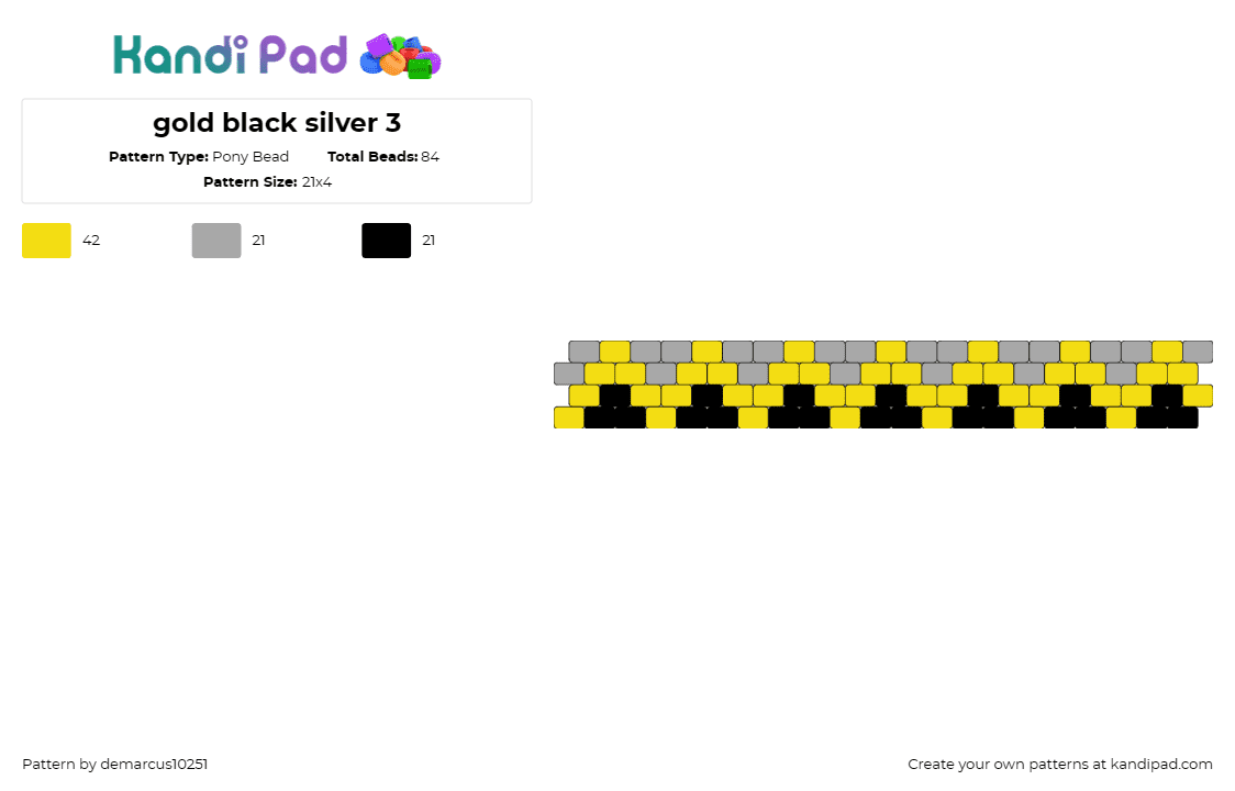 gold black silver 3 - Pony Bead Pattern by demarcus10251 on Kandi Pad - zig zag,geometric,cuff,bracelet,yellow,gray