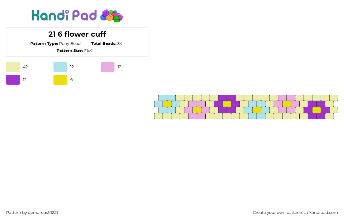 21 6 flower cuff - Pony Bead Pattern by demarcus10251 on Kandi Pad - flowers,cuff,spring,sweet,floral,accessories,pastel,yellow,purple