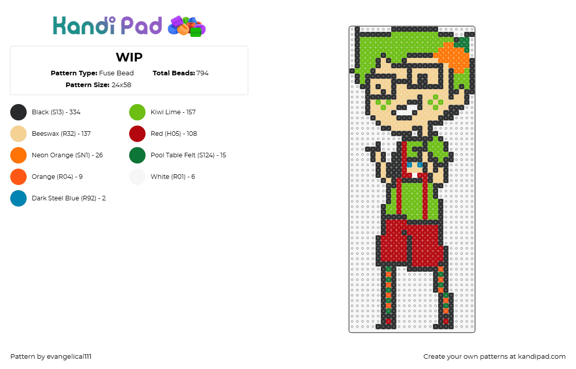 trickster jake english - Fuse Bead Pattern by evangelical111 on Kandi Pad - jake english,homestuck,ms paint adventures,trickster,character,animation,tv show,green,red,tan