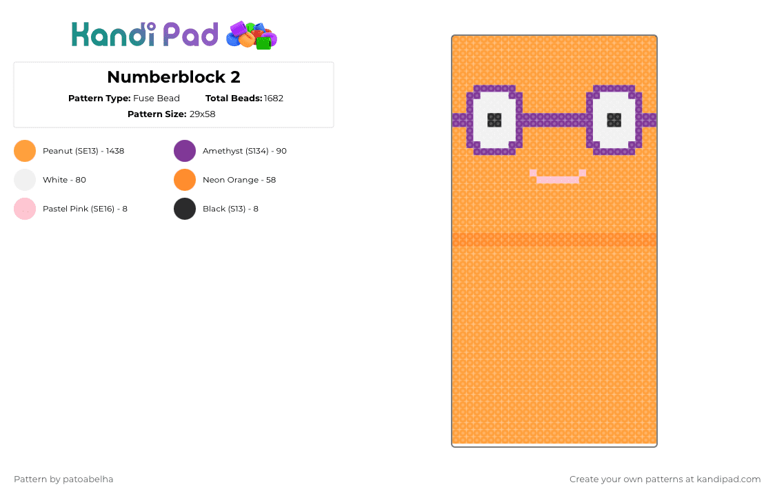 Number Blocks 2 Pattern Numberblock 2 Fuse Bead Pattern - Kandi Pad | Kandi Patterns, Fuse Bead ...