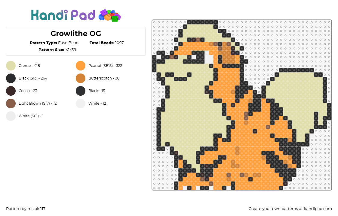 Growlithe OG - Fuse Bead Pattern by msloki117 on Kandi Pad - growlithe,pokemon,character,gaming,cute,orange,beige