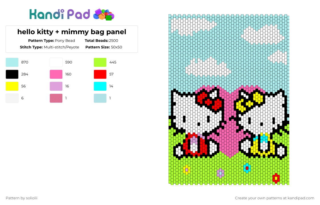 hello kitty + mimmy bag panel - Pony Bead Pattern by soliolii on Kandi Pad - light blue,green,hello kitty,bag pattern,mimmy hello kitty
