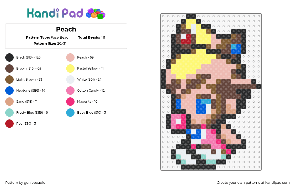 Peach - Fuse Bead Pattern by geniebeadie on Kandi Pad - peach,princess,baby,mario,bubblegum,character,nintendo,cute,chibi,pink,yellow