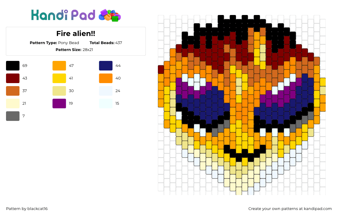 Fire alien!! - Pony Bead Pattern by blackcat16 on Kandi Pad - alien,fiery,extraterrestrial,face,head,charm,spooky,yellow,orange,purple