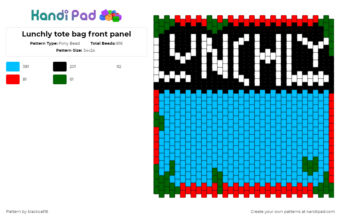 Lunchly tote bag front panel - Pony Bead Pattern by blackcat16 on Kandi Pad - lunchly,text,panel,bag,light blue,red,black,green