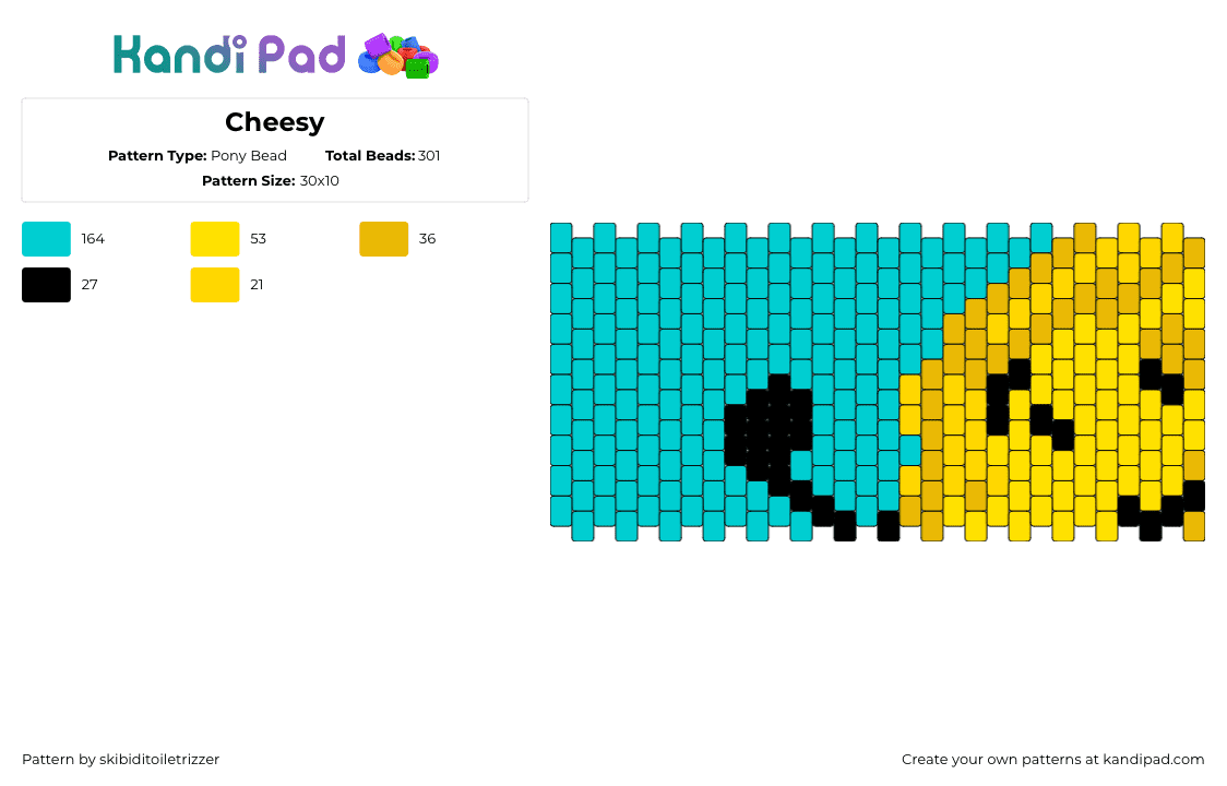 Cheesy - Pony Bead Pattern by skibiditoiletrizzer on Kandi Pad - cheesy,inanimate insanity,cuff,tv show,animation,yellow,teal