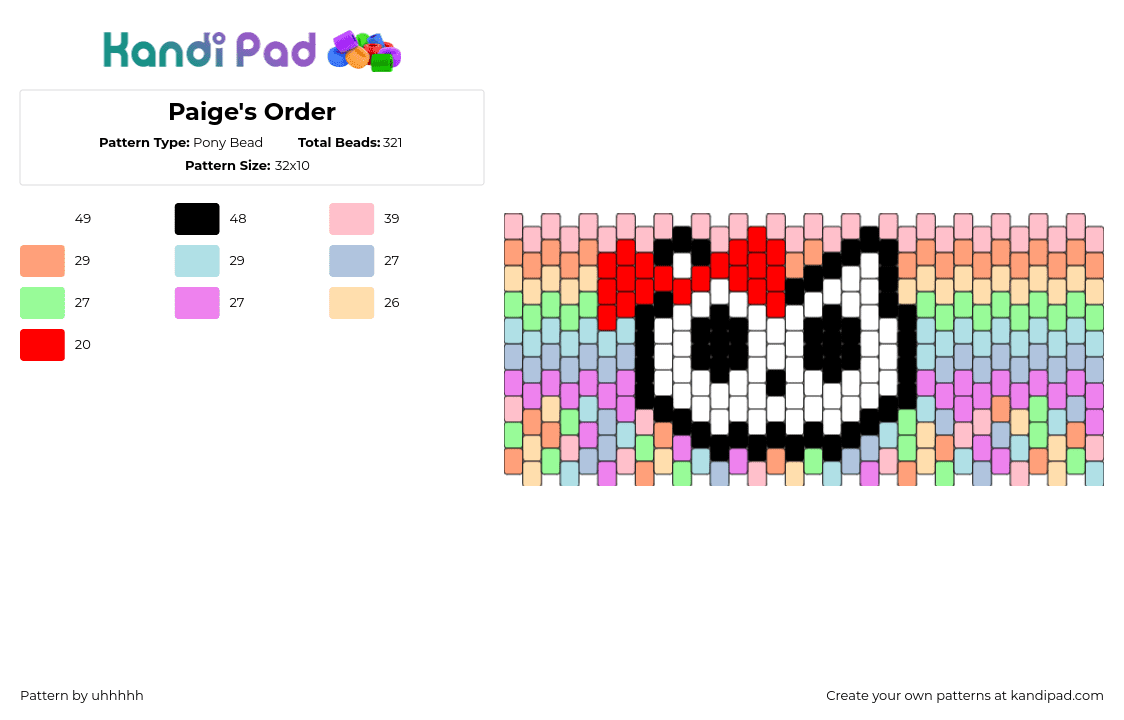 Paige\'s Order - Pony Bead Pattern by uhhhhh on Kandi Pad - hello kitty,skull,pastel,colorful,cuff,white,red,pink,green