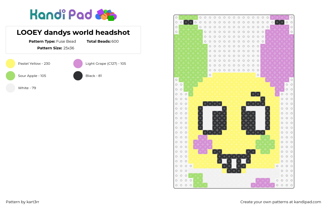 LOOEY dandys world headshot - Fuse Bead Pattern by kart3rr on Kandi Pad - looey,dandys world,character,head,video game,horror,pastel,bright,smile,yellow,pink,green