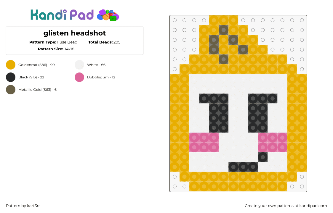 glisten headshot - Fuse Bead Pattern by kart3rr on Kandi Pad - glisten,dandys world,character,head,blush,video game,horror,yellow,white