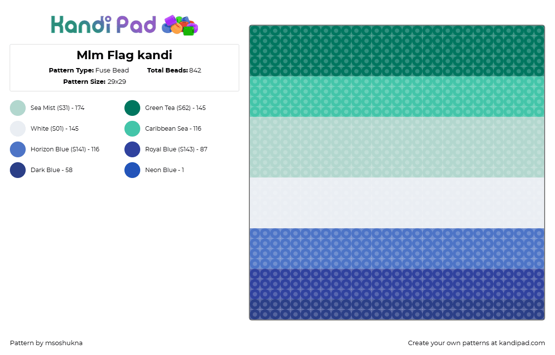 Mlm Flag kandi - Fuse Bead Pattern by msoshukna on Kandi Pad - mlm,pride,flag,panel,gradient,teal,green,blue