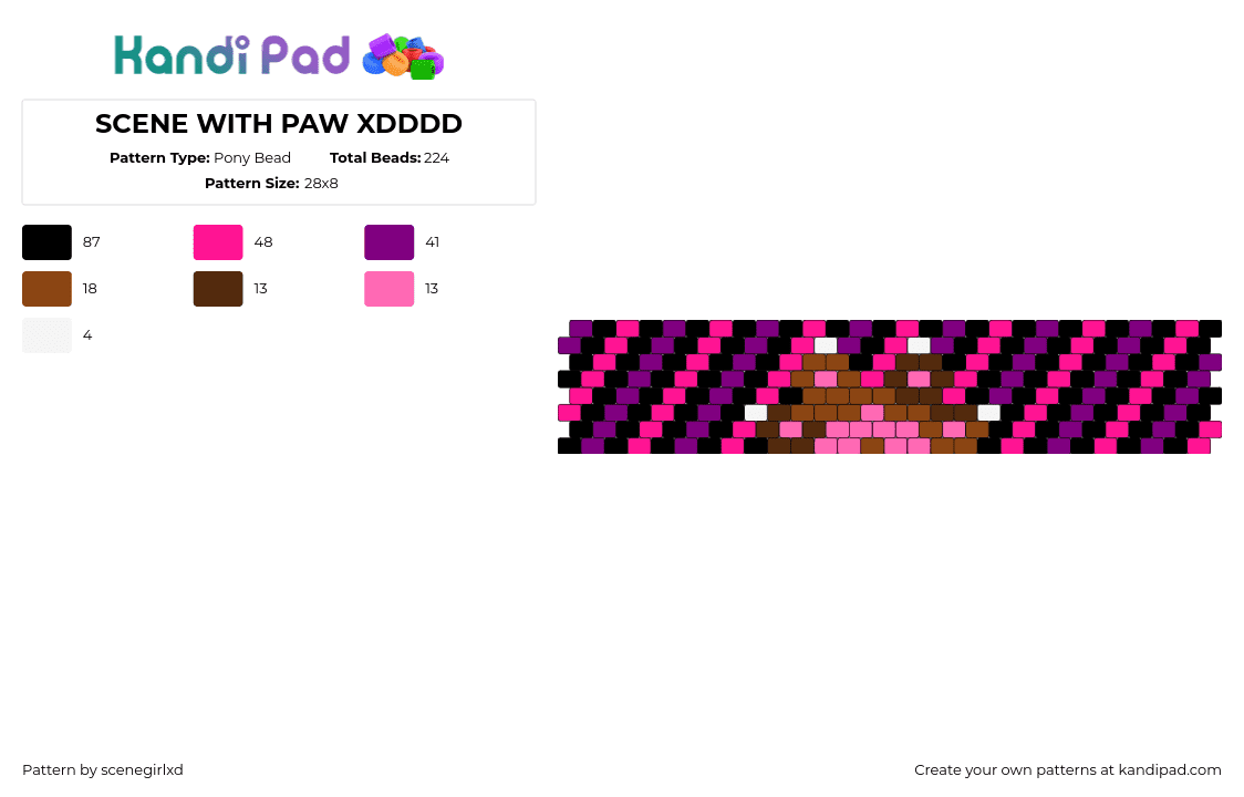 SCENE WITH PAW XDDDD - Pony Bead Pattern by scenegirlxd on Kandi Pad - paw,scene,diagonal,stripes,cuff,pink,purple