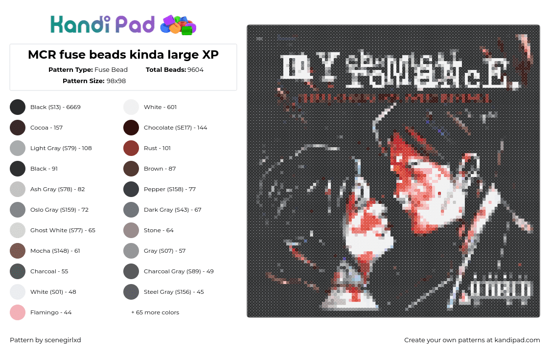 MCR fuse beads kinda large XP - Fuse Bead Pattern by scenegirlxd on Kandi Pad - three cheers for sweet revenge,mcr,my chemical romance,album,music,band,emo,scene,black