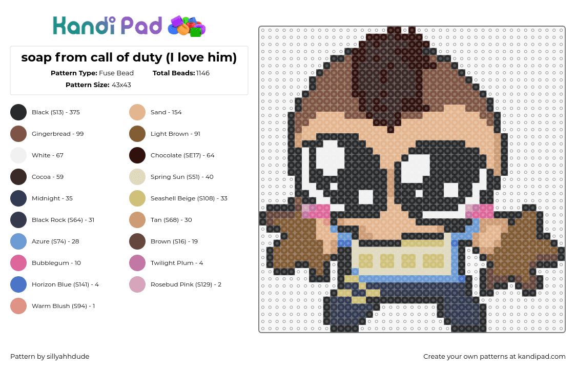 soap from call of duty (I love him) - Fuse Bead Pattern by sillyahhdude on Kandi Pad - soap,call of duty,character,video game,silly,brown,tan