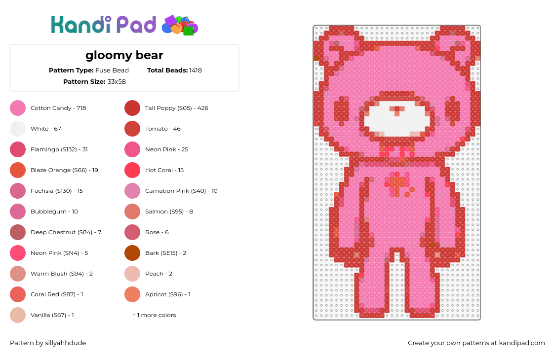 gloomy bear - Fuse Bead Pattern by sillyahhdude on Kandi Pad - gloomy bear,bloody,teddy,character,plush,pink,red