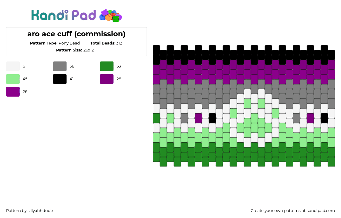 aro ace cuff (commission) - Pony Bead Pattern by sillyahhdude on Kandi Pad - aroace,pride,paw print,cuff,purple,green