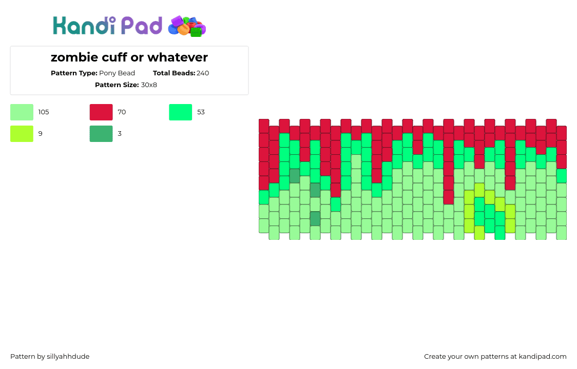 zombie cuff or whatever - Pony Bead Pattern by sillyahhdude on Kandi Pad - zombie,bloody,drippy,spooky,horror,halloween,cuff,green,red