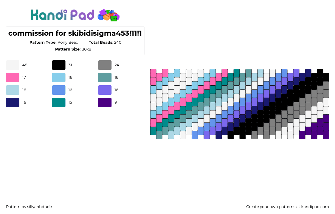 commission for skibidisigma453!11!1 - Pony Bead Pattern by sillyahhdude on Kandi Pad - trans,gay,pride,diagonal,stripes,cuff,teal,gray