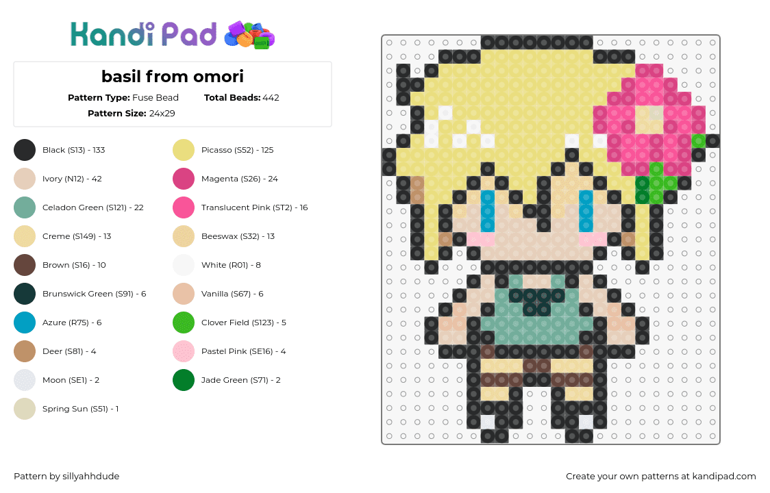 basil from omori - Fuse Bead Pattern by sillyahhdude on Kandi Pad - basil,omori,chibi,flower,character,video game,blonde,yellow,beige,pink