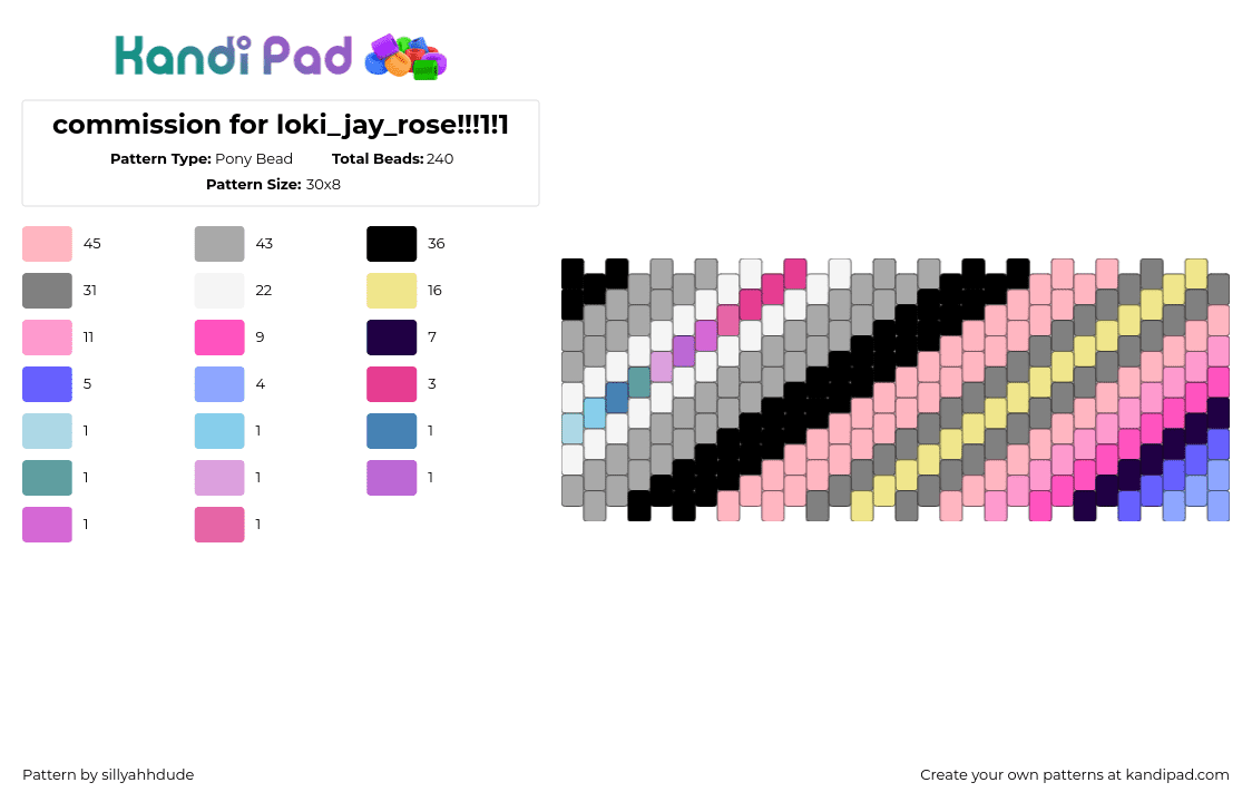 commission for loki_jay_rose!!!1!1 - Pony Bead Pattern by sillyahhdude on Kandi Pad - pride,diagonal,stripes,cuff,pink,gray