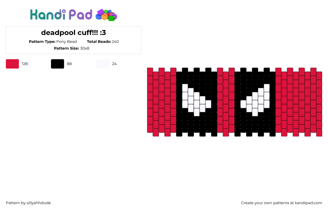 deadpool cuff!!! :3 - Pony Bead Pattern by sillyahhdude on Kandi Pad - deadpool,marvel,comic,superhero,cuff,eyes,movie,red,black