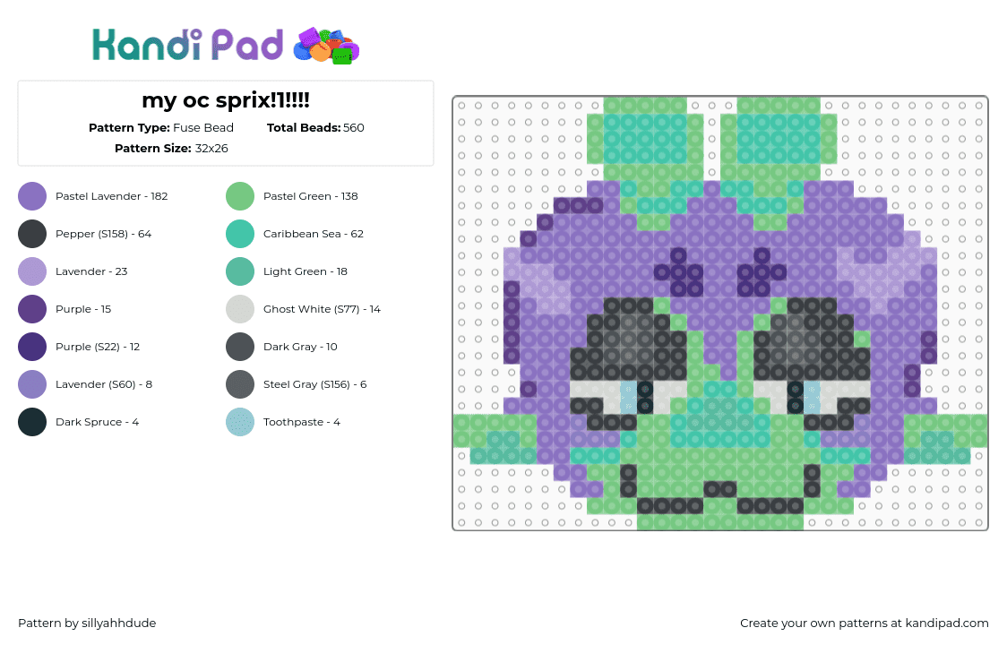 my oc sprix!1!!!! - Fuse Bead Pattern by sillyahhdude on Kandi Pad - sprix,character,head,teal,green,purple