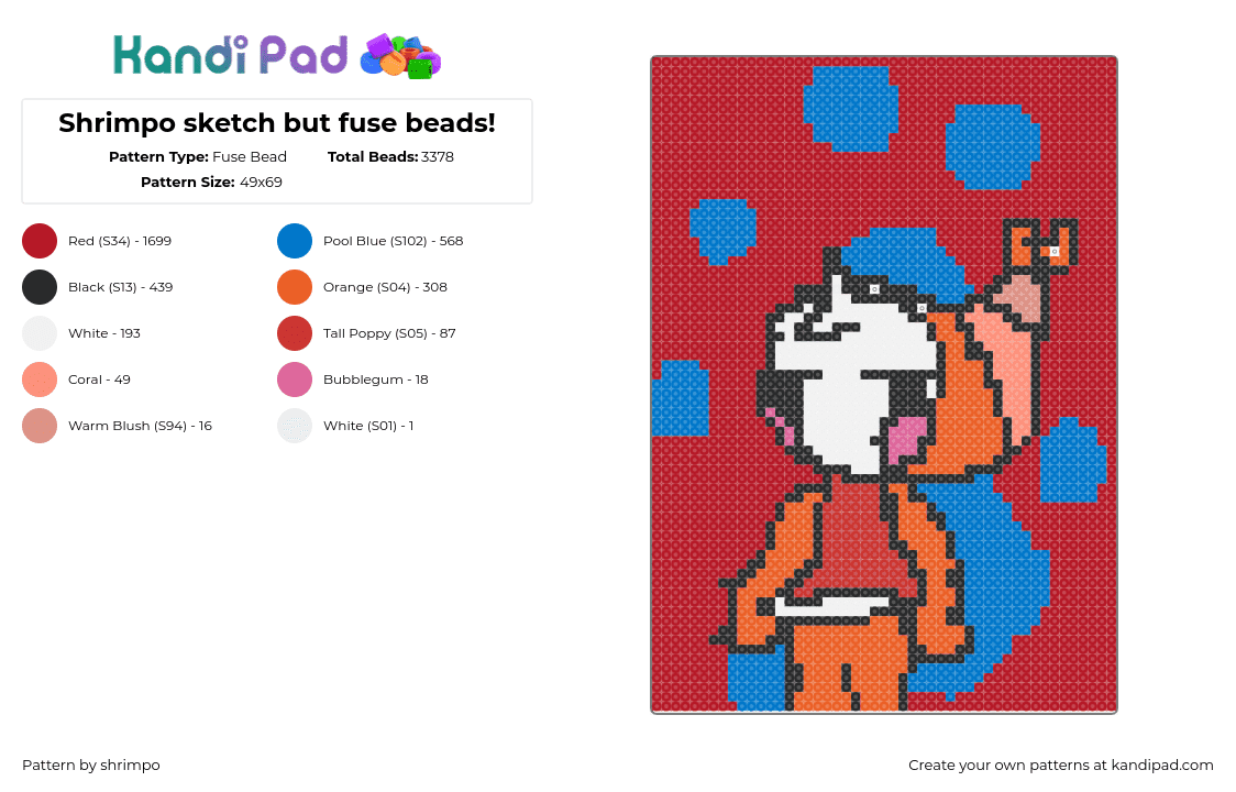 Shrimpo sketch but fuse beads! - Fuse Bead Pattern by shrimpo on Kandi Pad - shrimpo,dandys world,character,video game,panel,red,blue,orange