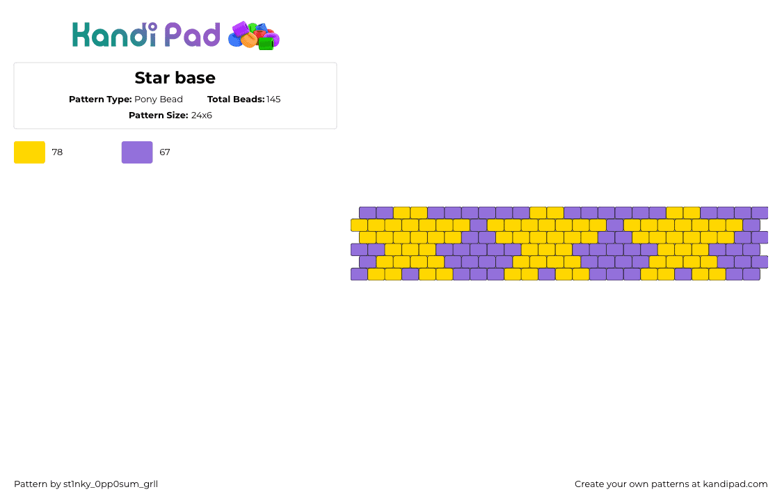 Star base - Pony Bead Pattern by st1nky_0pp0sum_grll on Kandi Pad - stars,repeating,bracelet,cuff,yellow,purple