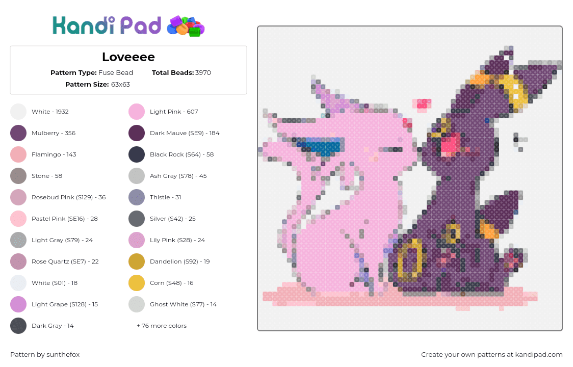 Loveeee - Fuse Bead Pattern by sunthefox on Kandi Pad - umbreon,espeon,pokemon,kiss,love,affection,gaming,purple,pink