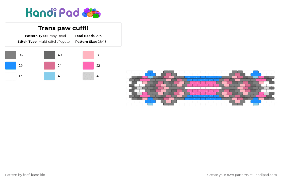 Trans paw cuff!! - Pony Bead Pattern by fnaf_kandikid on Kandi Pad - gray,pink,trans,paw,cat,animal,cuff