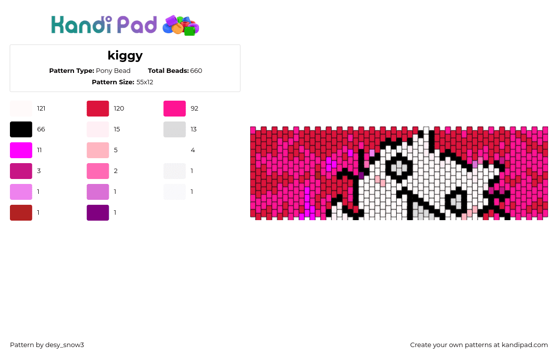 kiggy - Pony Bead Pattern by desy_snow3 on Kandi Pad - kitty,cat,cute,cuff,animal,white,red,pink