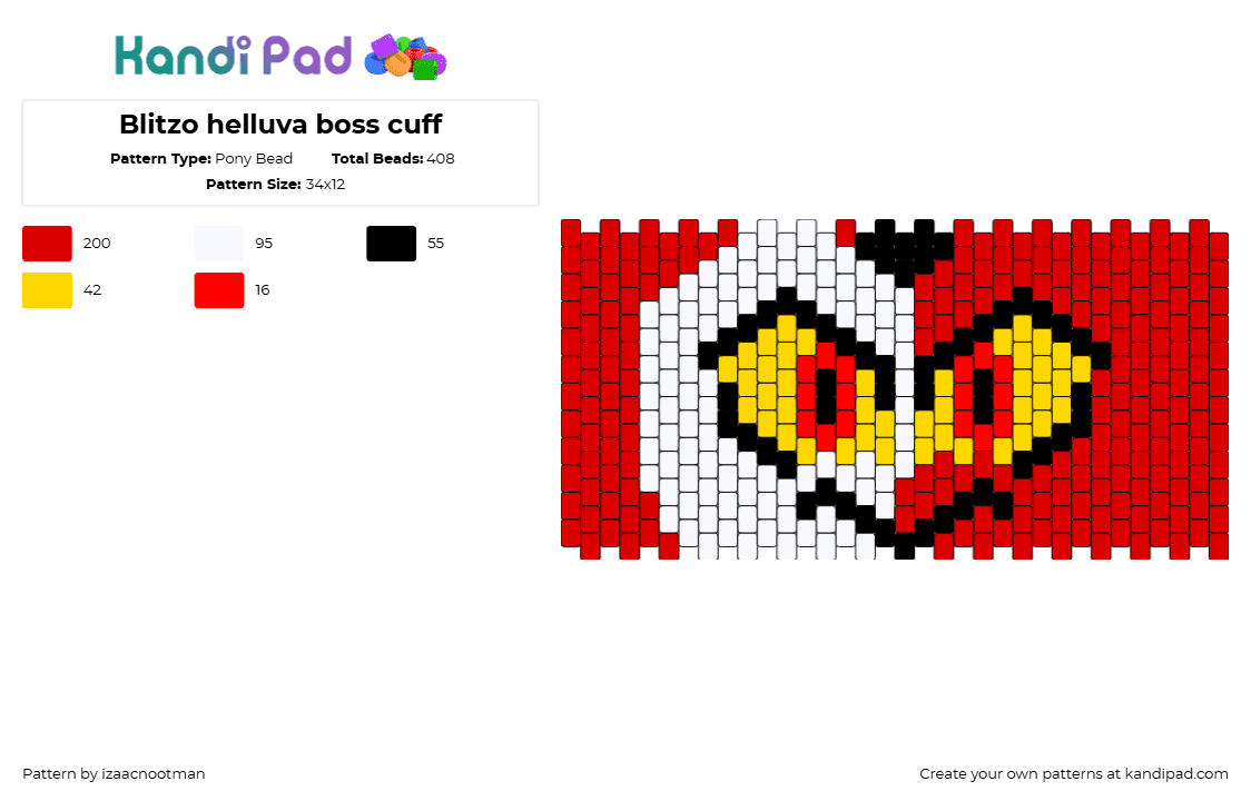 Blitzo helluva boss cuff - Pony Bead Pattern by izaacnootman on Kandi Pad - blitzo,helluva boss,hazbin hotel,eyes,face,character,cartoon,tv show,cuff,red,white,yellow