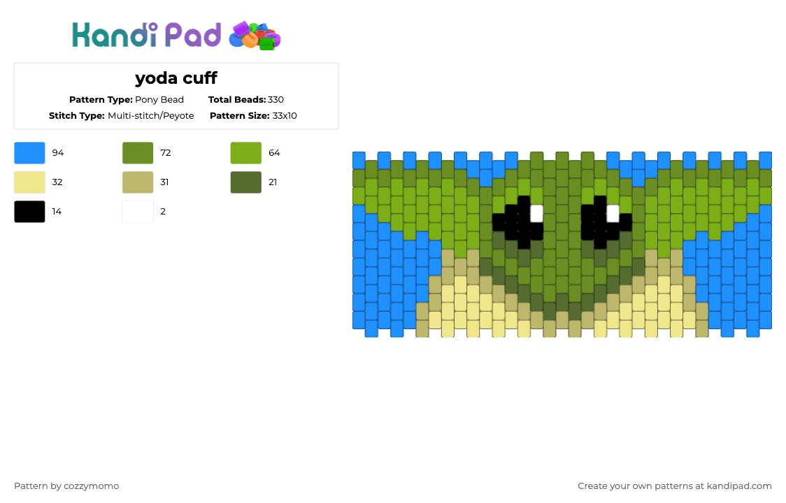 yoda cuff - Pony Bead Pattern by cozzymomo on Kandi Pad - green,light blue,yoda,star wars