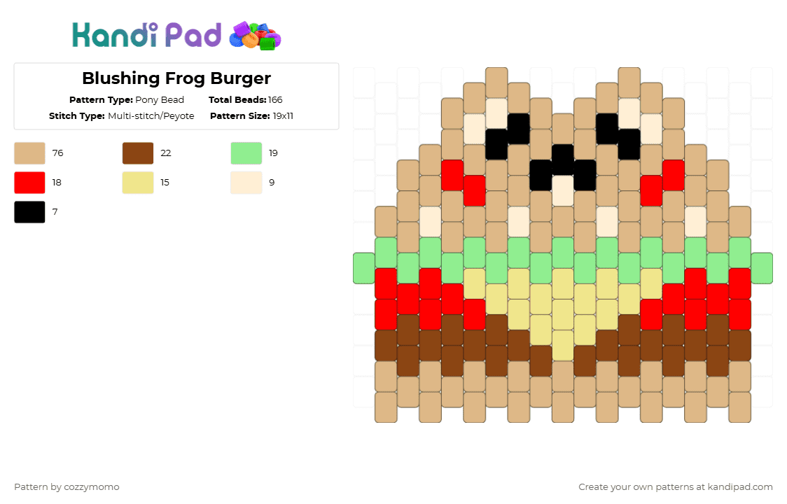 Blushing Frog Burger - Pony Bead Pattern by cozzymomo on Kandi Pad - beige,red,cotdrestaurants,frog,burger,food,fast food
