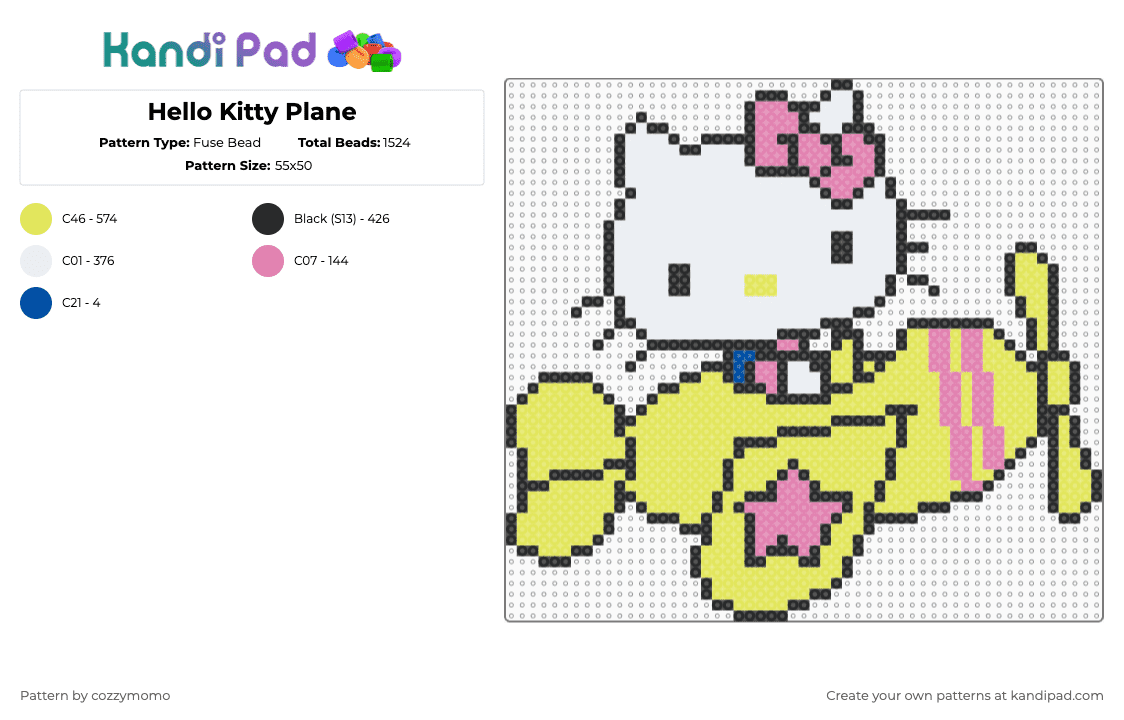 Hello Kitty Plane - Fuse Bead Pattern by cozzymomo on Kandi Pad - yellow,cotdplanes,plane,hellokitty,cartoon