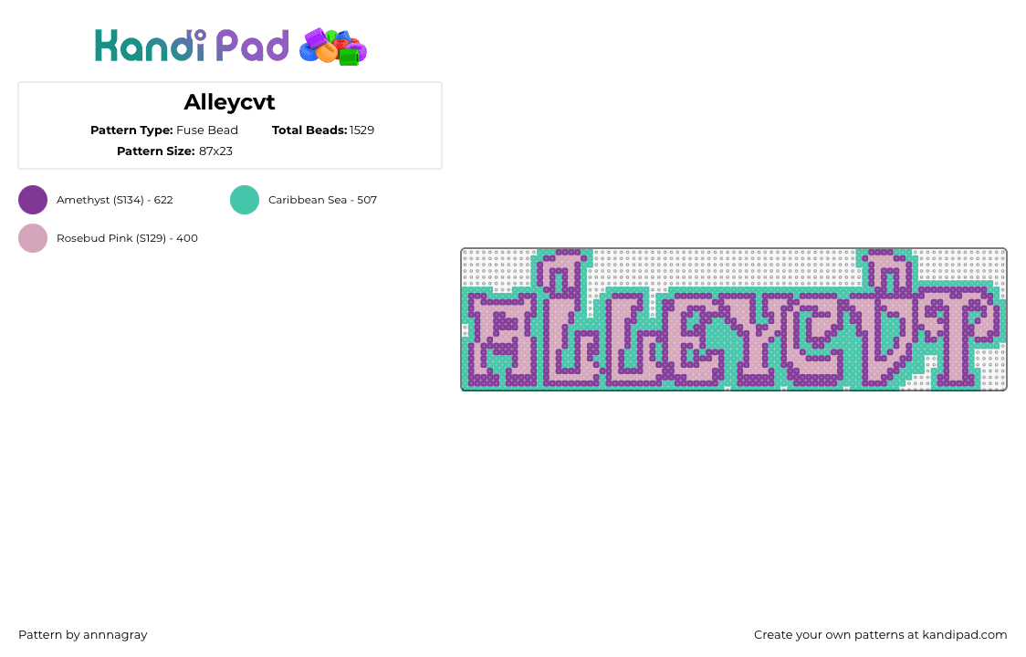 Alleycvt - Fuse Bead Pattern by annnagray on Kandi Pad - alleycvt,logo,text,dj,music,graffiti,edm,teal,purple,pink