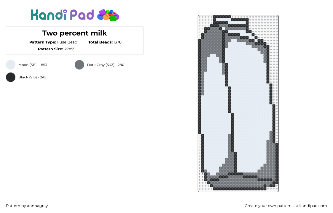 Two percent milk - Fuse Bead Pattern by annnagray on Kandi Pad - milk,carton,drink,two percent,dj,container,white,gray